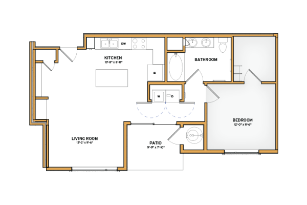 Floor plan for 1 bed, 1 bath, 748 sqft